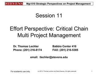 Mgt 610 Strategic Perspectives on Project Management
(c) 2013, Thomas Lechler and David Keeney. All rights reserved.For academic use only. 1
Session 11
Effort Perspective: Critical Chain
Multi Project Management
Dr. Thomas Lechler Babbio Center 416
Phone: (201) 216-8174 FAX: (201) 216-5385
email: tlechler@stevens.edu
 