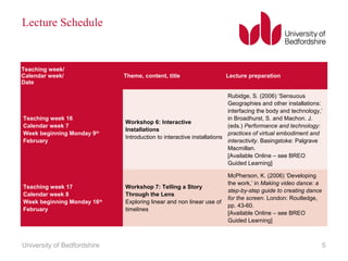Lecture Schedule
Teaching week/
Calendar week/
Date
Theme, content, title Lecture preparation
Teaching week 16
Calendar week 7
Week beginning Monday 9th
February
Workshop 6: Interactive
Installations
Introduction to interactive installations
Rubidge, S. (2006) ‘Sensuous
Geographies and other installations:
interfacing the body and technology,’
in Broadhurst, S. and Machon. J.
(eds.) Performance and technology:
practices of virtual embodiment and
interactivity. Basingstoke: Palgrave
Macmillan.
[Available Online – see BREO
Guided Learning]
Teaching week 17
Calendar week 8
Week beginning Monday 16th
February
Workshop 7: Telling a Story
Through the Lens
Exploring linear and non linear use of
timelines
McPherson, K. (2006) ‘Developing
the work,’ in Making video dance: a
step-by-step guide to creating dance
for the screen. London: Routledge,
pp. 43-60.
[Available Online – see BREO
Guided Learning]
University of Bedfordshire 5
 