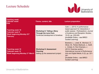 Lecture Schedule
Teaching week/
Calendar week/
Date
Theme, content, title Lecture preparation
Teaching week 18
Calendar week 9
Week beginning Monday 23rd
February
Workshop 8: Telling a Story
Through the Lens Cont.
Continued development of timelines
Calvi, L. (2013) ‘A performance-
based approach for interactions n
public spaces,’ Participations: Journal
of Audience and Reception Studies,
10 (2), pp. 235-245.
[Available Online – see BREO
Guided Learning]
Teaching week 19
Calendar week 10
Week beginning Monday 2nd
March
Workshop 9: Assessment
Planning
Setting up the assessment project
Bostwick, L., Lobel, B., Morrison, E.,
Oliver, M., Parker-Starbuck, J., Swift,
L. Vinitski, D, Peri Chamers, J.
(2012) ‘Exercise section,’
International Journal of Performance
Arts and Digital Media, 8 (2), pp. 221-
261.
[Available Online – see BREO
Guided Learning]
University of Bedfordshire 6
 