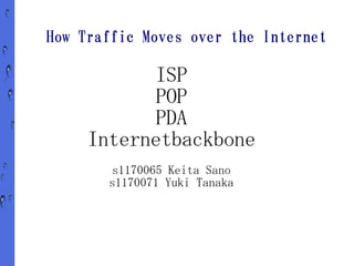 How Traffic Moves over the Internet

           ISP
           POP
           PDA
     Internetbackbone
       s1170065 Keita Sano
       s1170071 Yuki Tanaka
 