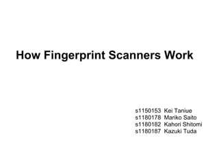 How Fingerprint Scanners Work



                   s1150153   Kei Taniue
                   s1180178   Mariko Saito
                   s1180182   Kahori Shitomi
                   s1180187   Kazuki Tuda
 