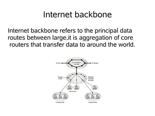 Internet backbone
Internet backbone refers to the principal data
routes between large,it is aggregation of core
 routers that transfer data to around the world.
 