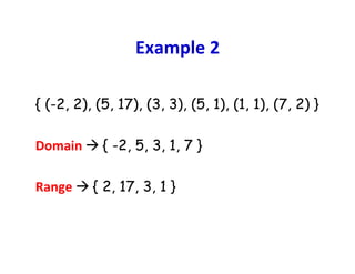 Example	
  2	
  
RelaCon	
  à	
  	
  
{ (-2, 2), (5, 17), (3, 3), (5, 1), (1, 1), (7, 2) }	
  
	
  
Domain	
  à	
  { -2, 5, 3, 1, 7 }
	
  
Range	
  à	
  { 2, 17, 3, 1 }
 