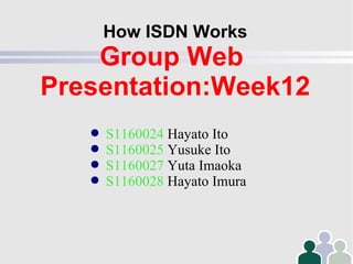 How ISDN Works Group Web  Presentation:Week12 ,[object Object],[object Object],[object Object],[object Object]