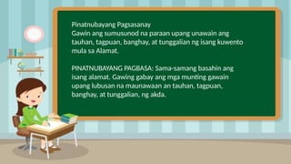 2
Pinatnubayang Pagsasanay
Gawin ang sumusunod na paraan upang unawain ang
tauhan, tagpuan, banghay, at tunggalian ng isang kuwento
mula sa Alamat.
PINATNUBAYANG PAGBASA: Sama-samang basahin ang
isang alamat. Gawing gabay ang mga munting gawain
upang lubusan na maunawaan an tauhan, tagpuan,
banghay, at tunggalian, ng akda.
 