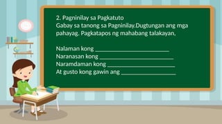 2
2. Pagninilay sa Pagkatuto
Gabay sa tanong sa Pagninilay.Dugtungan ang mga
pahayag. Pagkatapos ng mahabang talakayan,
Nalaman kong _______________________
Naranasan kong _______________________
Naramdaman kong _____________________
At gusto kong gawin ang _________________
 