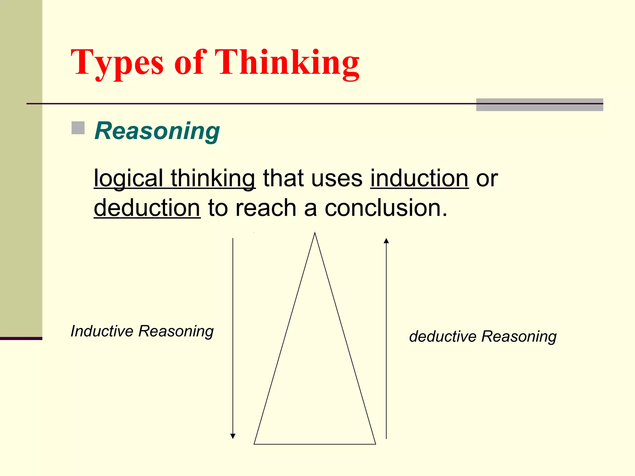 Types of Thinking 
 Reasoning 
logical thinking that uses induction or 
deduction to reach a conclusion. 
Inductive Reasoning deductive Reasoning 
 