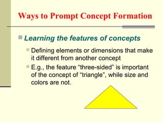 Ways to Prompt Concept Formation 
Learning the features of concepts 
 Defining elements or dimensions that make 
it different from another concept 
 E.g., the feature “three-sided” is important 
of the concept of “triangle”, while size and 
colors are not. 
 
