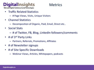 Metrics
• Traffic Related Statistics
   – # Page Views, Visits, Unique Visitors
• Channel Statistics
   – Decomposition of Organic, Paid, Email, Direct etc..
• Social Stats
   – # of Twitter, FB, Blog, LinkedIn followers/comments
• # of 3rd Party Links
   – Partners, Referrals, Promotions, Affiliates
• # of Newsletter signups
• # of Site Specific Downloads
   – Webinar Views, Articles, Whitepapers, podcasts
 