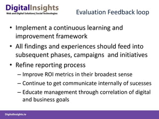 Evaluation Feedback loop

• Implement a continuous learning and
  improvement framework
• All findings and experiences should feed into
  subsequent phases, campaigns and initiatives
• Refine reporting process
  – Improve ROI metrics in their broadest sense
  – Continue to get communicate internally of sucesses
  – Educate management through correlation of digital
    and business goals
 