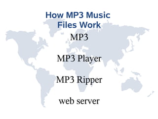 How MP3 Music
  Files Work
     MP3

  MP3 Player

  MP3 Ripper

  web server
 
