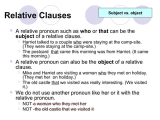 Relative Clauses                                      Subject vs. object



    A relative pronoun such as who or that can be the
     subject of a relative clause.
        Harriet talked to a couple who were staying at the camp-site.
         (They were staying at the camp-site.)
        The postcard that came this morning was from Harriet. (It came
         this morning.)
    A relative pronoun can also be the object of a relative
     clause.
        Mike and Harriet are visiting a woman who they met on holiday.
         (They met her on holiday.)
        The old castle that we visited was really interesting. (We visited
         it.)
    We do not use another pronoun like her or it with the
     relative pronoun.
        NOT a woman who they met her
        NOT -the old castle that we visited it
 