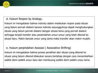 d. Hukum Respon by Analogy. Hukum ini mengatakan bahwa individu dalam melakukan respon pada situasi yang belum pernah dialami karena individu sesungguhnya dapat menghubungkan situasi yang belum pernah dialami dengan situasi lama yang pernah dialami sehingga terjadi transfer atau perpindahan unsur-unsur yang telah dikenal ke situasi baru.  Makin banyak unsur yang sama maka transfer akan makin mudah. e. Hukum perpindahan Asosiasi ( Associative Shifting) Hukum ini mengatakan bahwa proses peralihan dari situasi yang dikenal ke situasi yang belum dikenal dilakukan secara bertahap dengan cara menambahkan sedikit demi sedikit unsur baru dan membuang sedikit demi sedikit unsur lama. 10/03/11 ©  2010 Universitas Negeri Jakarta  |  www.unj.ac.id  | 