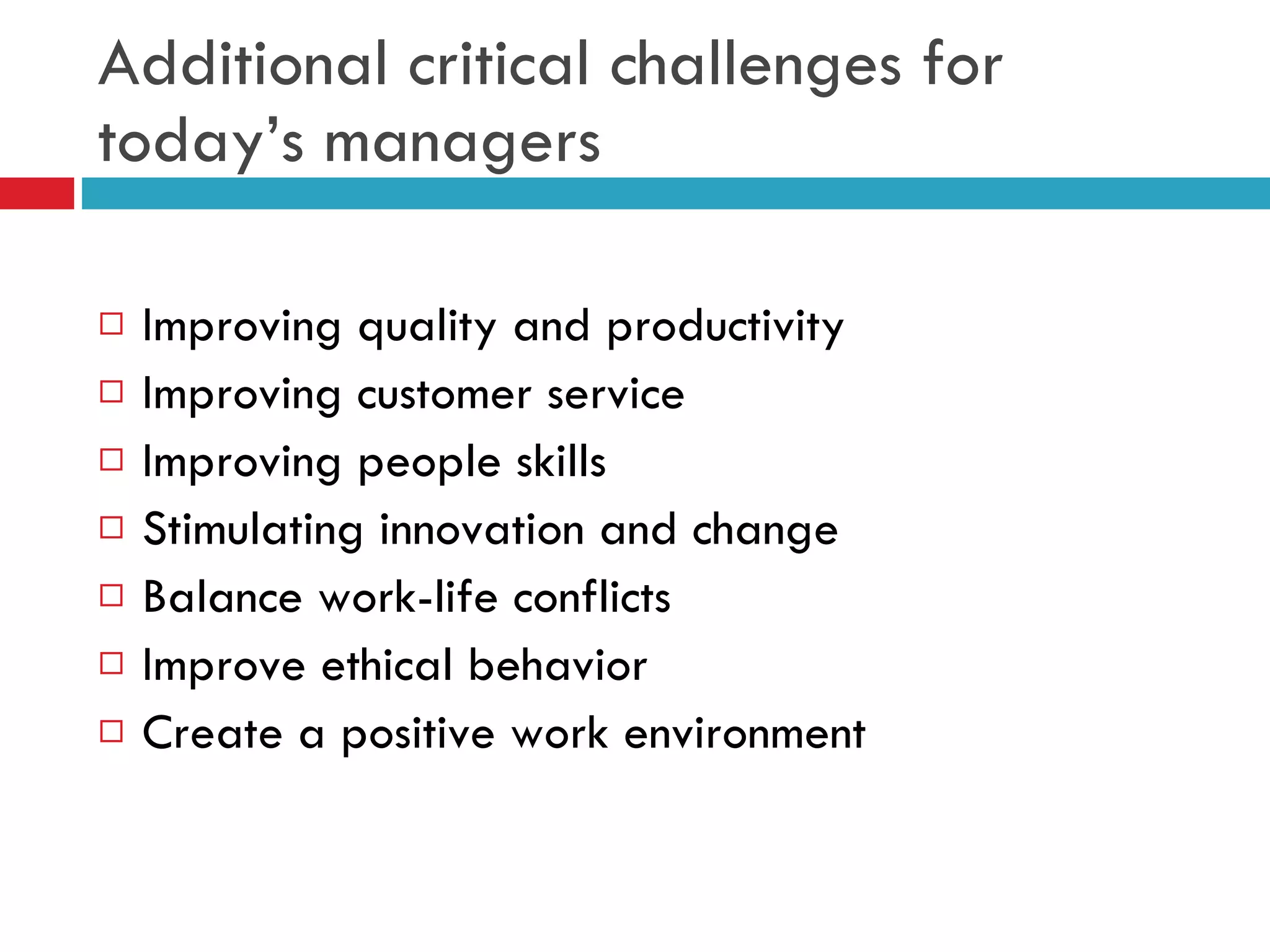 Additional critical challenges for today’s managers Improving quality and productivity Improving customer service Improving people skills Stimulating innovation and change Balance work-life conflicts Improve ethical behavior Create a positive work environment 