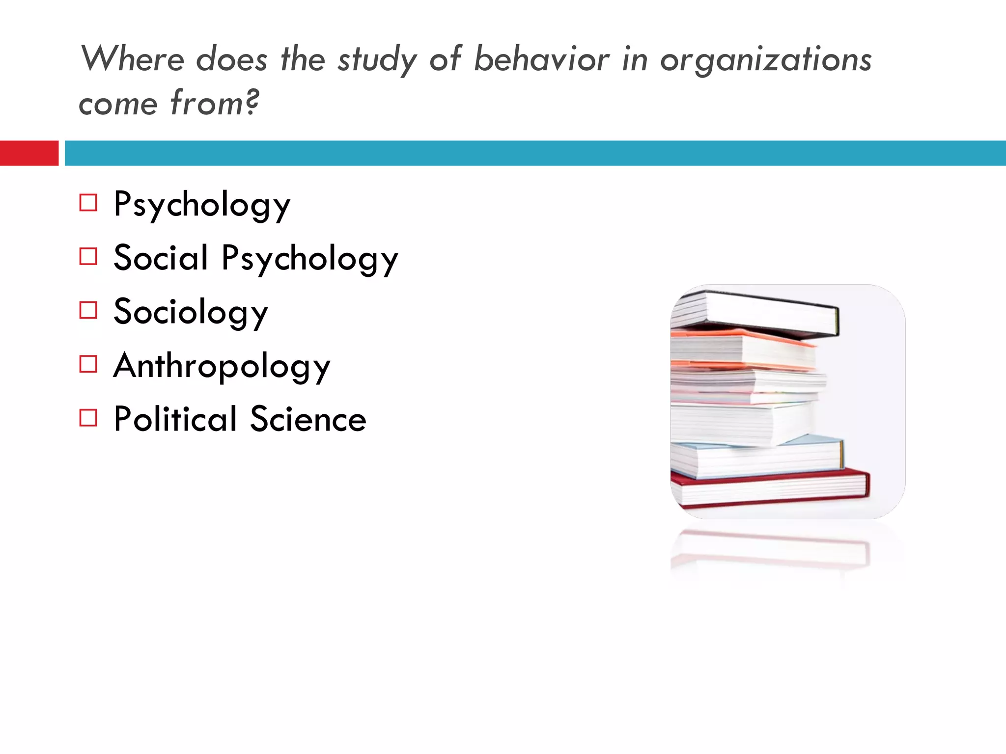 Where does the study of behavior in organizations come from? Psychology Social Psychology Sociology Anthropology Political Science 