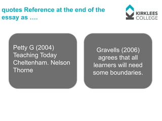 quotes Reference at the end of the
essay as ….



   Petty G (2004)              Gravells (2006)
   Teaching Today               agrees that all
   Cheltenham. Nelson         learners will need
   Thorne                     some boundaries.
 