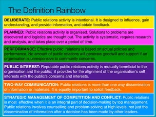The Deﬁnition Rainbow
DELIBERATE: Public relations activity is intentional. It is designed to inﬂuence, gain
understanding, and provide information, and obtain feedback.
PLANNED: Public relations activity is organised. Solutions to problems are
discovered and logistics are thought out. The activity is systematic, requires research
and analysis, and takes place over a period of time.
PERFORMANCE: Effective public relations is based on actual policies and
performance. No amount of public relations will generate goodwill and support if an
organisation is unresponsive to community concerns.
PUBLIC INTEREST: Reputable public relations activity is mutually beneﬁcial to the
organisation and the public; it provides for the alignment of the organisation’s self
interests with the public’s concerns and interests.
TWO-WAY COMMUNICATION: Public relations is more than one way dissemination
of information or materials. It is equally important to solicit feedback.
STRATEGIC MANAGEMENT OF COMPETITION AND CONFLICT: Public relations
is most effective when it is an integral part of decision-making by top management.
Public relations involves counselling and problem-solving at high levels, not just the
dissemination of information after a decision has been made by other leaders.

 