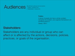 Audiences

We will break audiences into two sections:
1. Publics - academic term
2. Stakeholders - industry term

Publics:!
A group of people who face a similar problem,
recognise the problem, and organise themselves to do
something about it.
Dewey (1927).

Stakeholders:!
Stakeholders are any individual or group who can
affect or is affected by the actions, decisions, policies,
practices, or goals of the organisation.

 