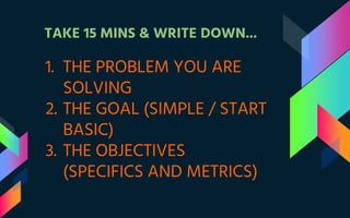 TAKE 15 MINS & WRITE DOWN...
1. THE PROBLEM YOU ARE
SOLVING
2. THE GOAL (SIMPLE / START
BASIC)
3. THE OBJECTIVES
(SPECIFICS AND METRICS)
 