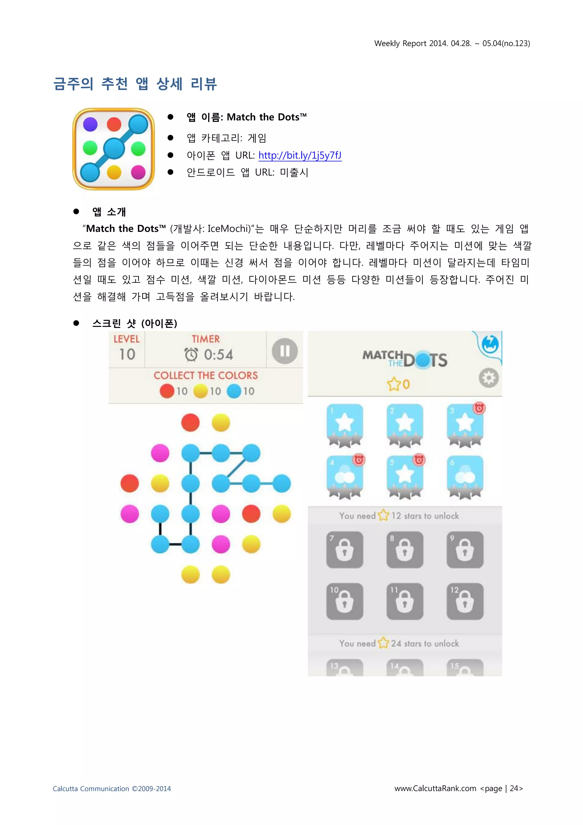 Weekly Report 2014. 04.28. ~ 05.04(no.123)
Calcutta Communication ©2009-2014 www.CalcuttaRank.com <page | 24>
금주의 추천 앱 상세 리뷰
 앱 이름: Match the Dots™
 앱 카테고리: 게임
 아이폰 앱 URL: http://bit.ly/1j5y7fJ
 안드로이드 앱 URL: 미출시
 앱 소개
“Match the Dots™ (개발사: IceMochi)”는 매우 단순하지만 머리를 조금 써야 할 때도 있는 게임 앱
으로 같은 색의 점들을 이어주면 되는 단순한 내용입니다. 다만, 레벨마다 주어지는 미션에 맞는 색깔
들의 점을 이어야 하므로 이때는 신경 써서 점을 이어야 합니다. 레벨마다 미션이 달라지는데 타임미
션일 때도 있고 점수 미션, 색깔 미션, 다이아몬드 미션 등등 다양한 미션들이 등장합니다. 주어진 미
션을 해결해 가며 고득점을 올려보시기 바랍니다.
 스크린 샷 (아이폰)
 