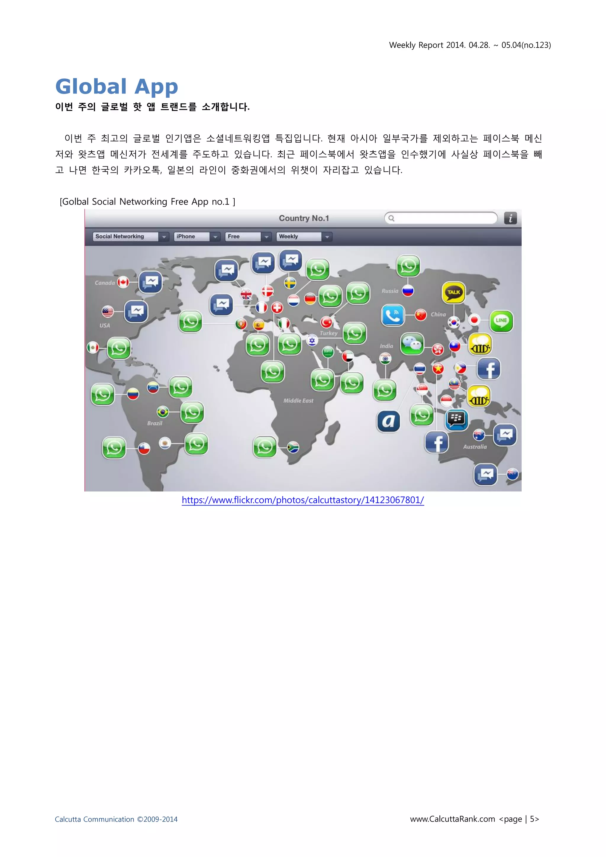 Weekly Report 2014. 04.28. ~ 05.04(no.123)
Calcutta Communication ©2009-2014 www.CalcuttaRank.com <page | 5>
Global App
이번 주의 글로벌 핫 앱 트랜드를 소개합니다.
이번 주 최고의 글로벌 인기앱은 소셜네트워킹앱 특집입니다. 현재 아시아 일부국가를 제외하고는 페이스북 메신
저와 왓츠앱 메신저가 전세계를 주도하고 있습니다. 최근 페이스북에서 왓츠앱을 인수했기에 사실상 페이스북을 빼
고 나면 한국의 카카오톡, 일본의 라인이 중화권에서의 위챗이 자리잡고 있습니다.
[Golbal Social Networking Free App no.1 ]
https://www.flickr.com/photos/calcuttastory/14123067801/
 