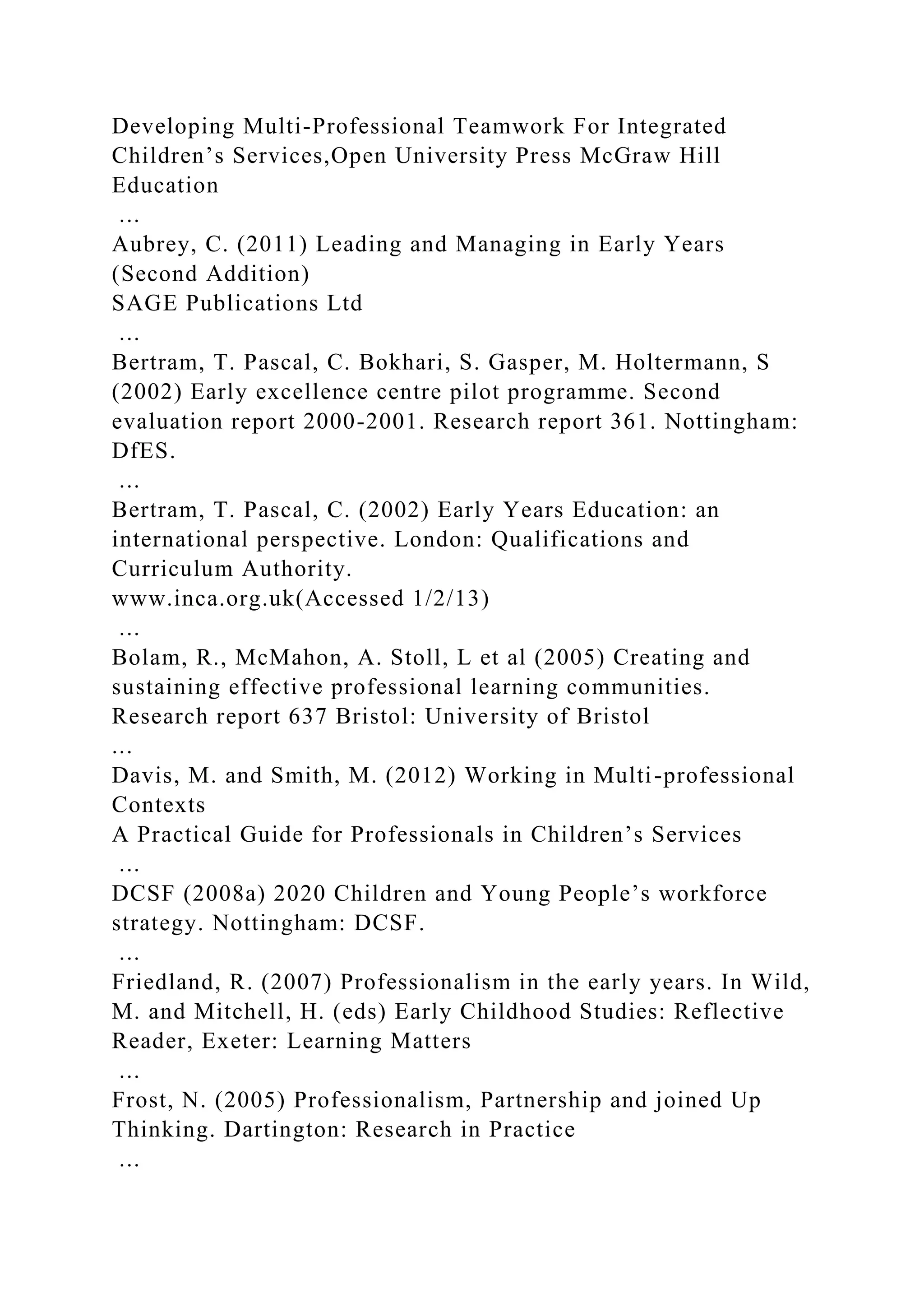 Developing Multi-Professional Teamwork For Integrated
Children’s Services,Open University Press McGraw Hill
Education
...
Aubrey, C. (2011) Leading and Managing in Early Years
(Second Addition)
SAGE Publications Ltd
...
Bertram, T. Pascal, C. Bokhari, S. Gasper, M. Holtermann, S
(2002) Early excellence centre pilot programme. Second
evaluation report 2000-2001. Research report 361. Nottingham:
DfES.
...
Bertram, T. Pascal, C. (2002) Early Years Education: an
international perspective. London: Qualifications and
Curriculum Authority.
www.inca.org.uk(Accessed 1/2/13)
...
Bolam, R., McMahon, A. Stoll, L et al (2005) Creating and
sustaining effective professional learning communities.
Research report 637 Bristol: University of Bristol
...
Davis, M. and Smith, M. (2012) Working in Multi-professional
Contexts
A Practical Guide for Professionals in Children’s Services
...
DCSF (2008a) 2020 Children and Young People’s workforce
strategy. Nottingham: DCSF.
...
Friedland, R. (2007) Professionalism in the early years. In Wild,
M. and Mitchell, H. (eds) Early Childhood Studies: Reflective
Reader, Exeter: Learning Matters
...
Frost, N. (2005) Professionalism, Partnership and joined Up
Thinking. Dartington: Research in Practice
...
 