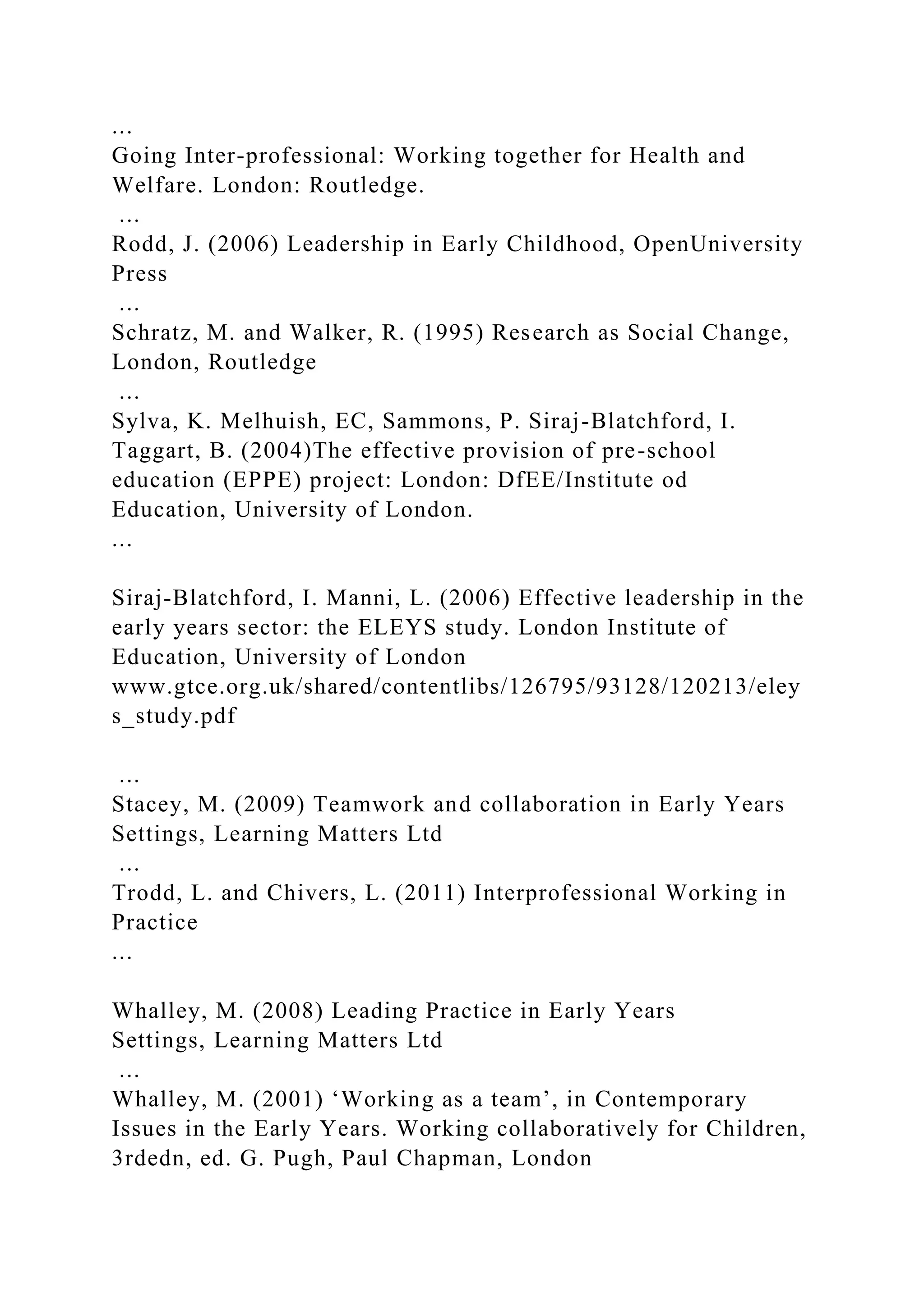 ...
Going Inter-professional: Working together for Health and
Welfare. London: Routledge.
...
Rodd, J. (2006) Leadership in Early Childhood, OpenUniversity
Press
...
Schratz, M. and Walker, R. (1995) Research as Social Change,
London, Routledge
...
Sylva, K. Melhuish, EC, Sammons, P. Siraj-Blatchford, I.
Taggart, B. (2004)The effective provision of pre-school
education (EPPE) project: London: DfEE/Institute od
Education, University of London.
...
Siraj-Blatchford, I. Manni, L. (2006) Effective leadership in the
early years sector: the ELEYS study. London Institute of
Education, University of London
www.gtce.org.uk/shared/contentlibs/126795/93128/120213/eley
s_study.pdf
...
Stacey, M. (2009) Teamwork and collaboration in Early Years
Settings, Learning Matters Ltd
...
Trodd, L. and Chivers, L. (2011) Interprofessional Working in
Practice
...
Whalley, M. (2008) Leading Practice in Early Years
Settings, Learning Matters Ltd
...
Whalley, M. (2001) ‘Working as a team’, in Contemporary
Issues in the Early Years. Working collaboratively for Children,
3rdedn, ed. G. Pugh, Paul Chapman, London
 