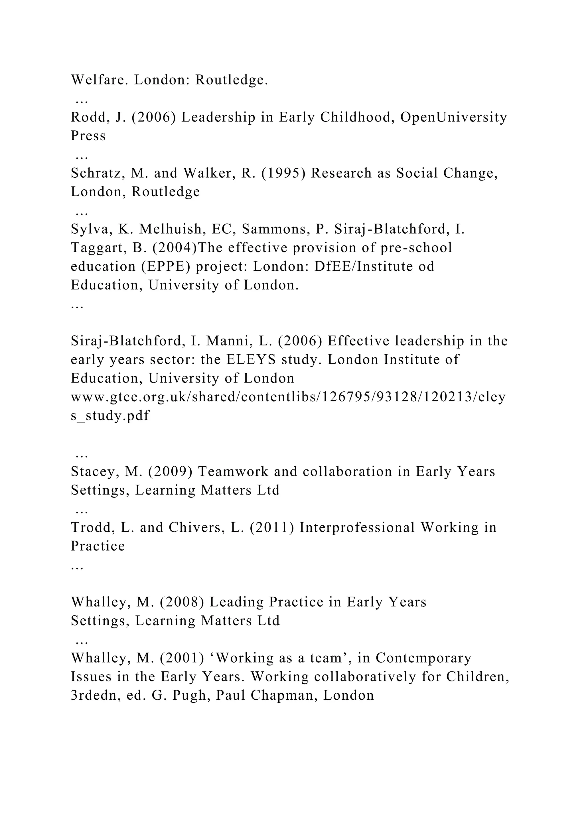 Welfare. London: Routledge.
...
Rodd, J. (2006) Leadership in Early Childhood, OpenUniversity
Press
...
Schratz, M. and Walker, R. (1995) Research as Social Change,
London, Routledge
...
Sylva, K. Melhuish, EC, Sammons, P. Siraj-Blatchford, I.
Taggart, B. (2004)The effective provision of pre-school
education (EPPE) project: London: DfEE/Institute od
Education, University of London.
...
Siraj-Blatchford, I. Manni, L. (2006) Effective leadership in the
early years sector: the ELEYS study. London Institute of
Education, University of London
www.gtce.org.uk/shared/contentlibs/126795/93128/120213/eley
s_study.pdf
...
Stacey, M. (2009) Teamwork and collaboration in Early Years
Settings, Learning Matters Ltd
...
Trodd, L. and Chivers, L. (2011) Interprofessional Working in
Practice
...
Whalley, M. (2008) Leading Practice in Early Years
Settings, Learning Matters Ltd
...
Whalley, M. (2001) ‘Working as a team’, in Contemporary
Issues in the Early Years. Working collaboratively for Children,
3rdedn, ed. G. Pugh, Paul Chapman, London
 