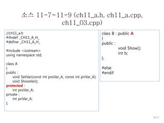 소스 11-7~11-9 (ch11_a.h, ch11_a.cpp,
ch11_03.cpp)
//ch11_a.h
#ifndef _CH11_A_H_
#define _CH11_A_H_
#include <iostream>
using namespace std;
class A
{
public :
void SetVar(const int proVar_A, const int priVar_A);
void ShowVar();
protected :
int proVar_A;
private :
int priVar_A;
};

class B : public A
{
public :
void Show();
int b;
};
#else
#endif

8/17

 