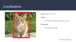Localisation
Input image (C x H x W)
Output
class label (int), BB* coordinates (4 ints)
Assumption
one object per image
* BB - bounding box
Cat
 