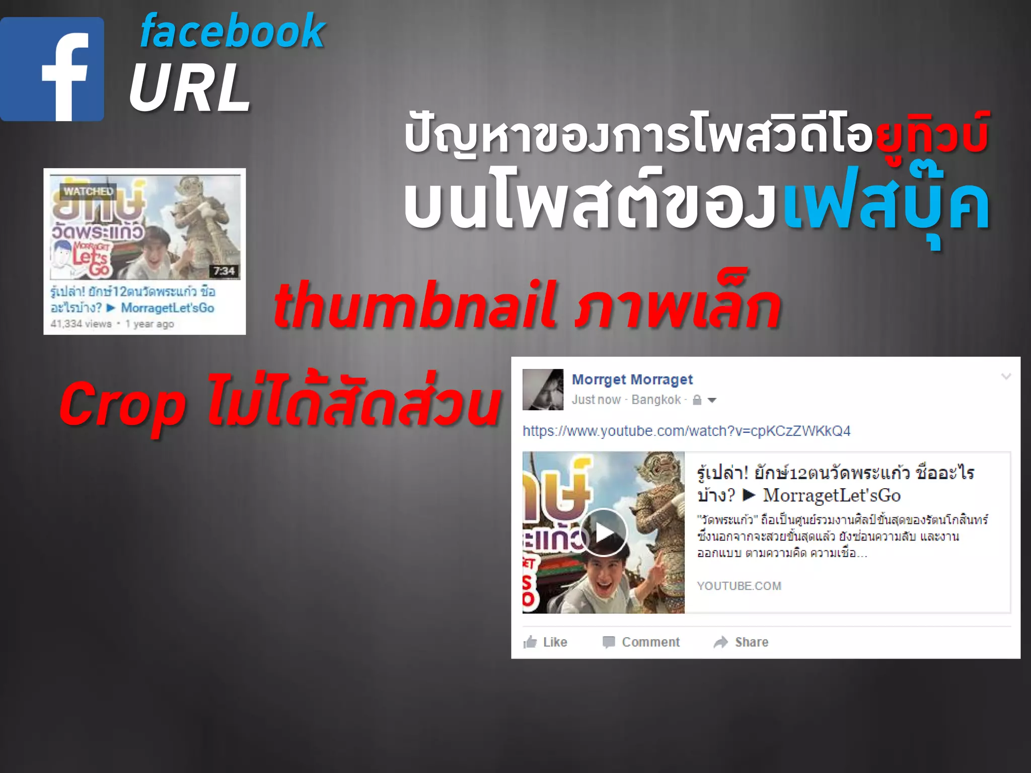 ปัญหาของการโพสวิดีโอยูทิวบ์
บนโพสต์ของเฟสบุ๊ค
facebook
URL
thumbnail ภาพเล็ก
Crop ไม่ได้สัดส่วน
 