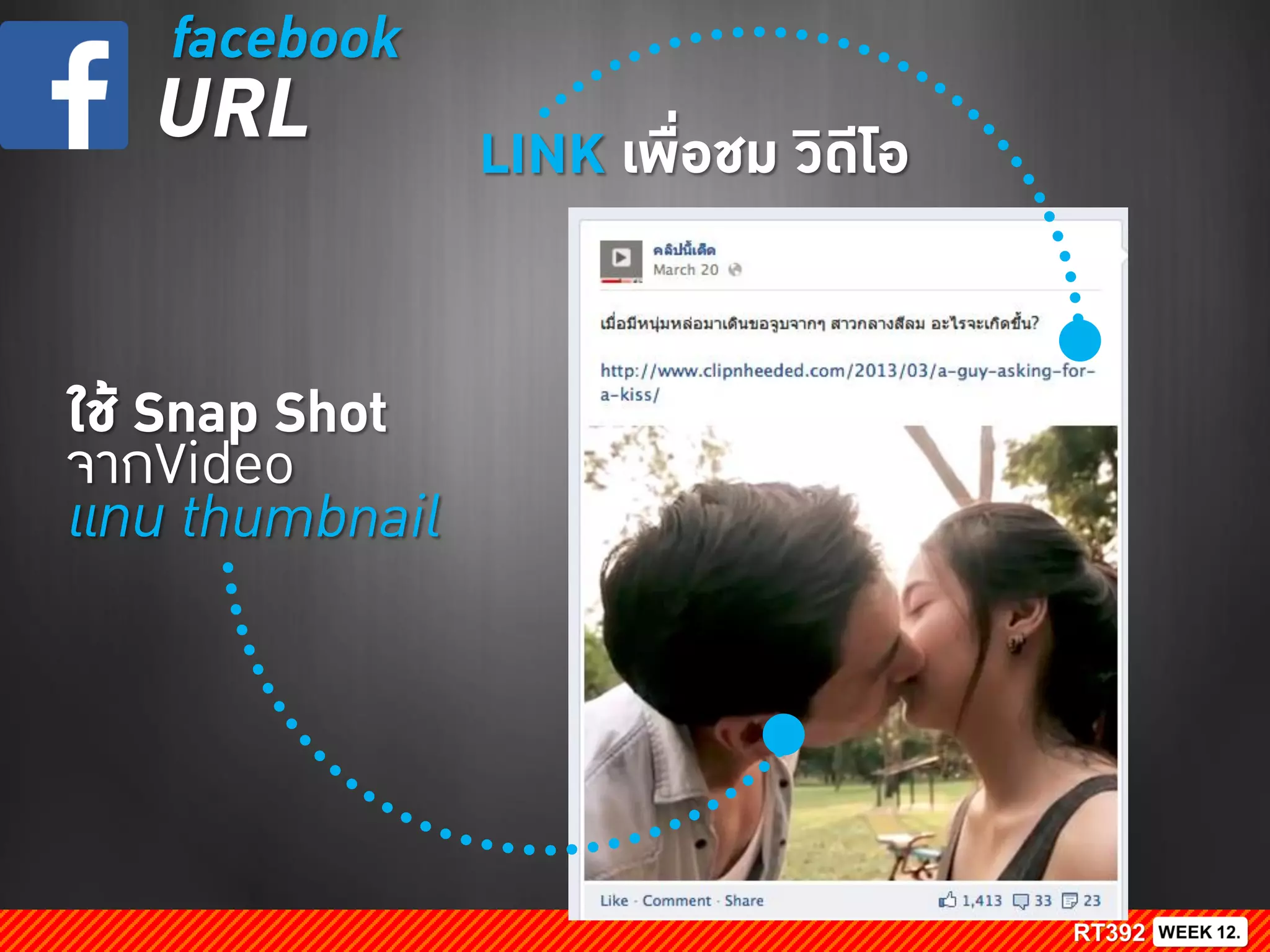 facebook
URL
ใช้ Snap Shot
จากVideo
แทน thumbnail
LINK เพื่อชม วิดีโอ
 