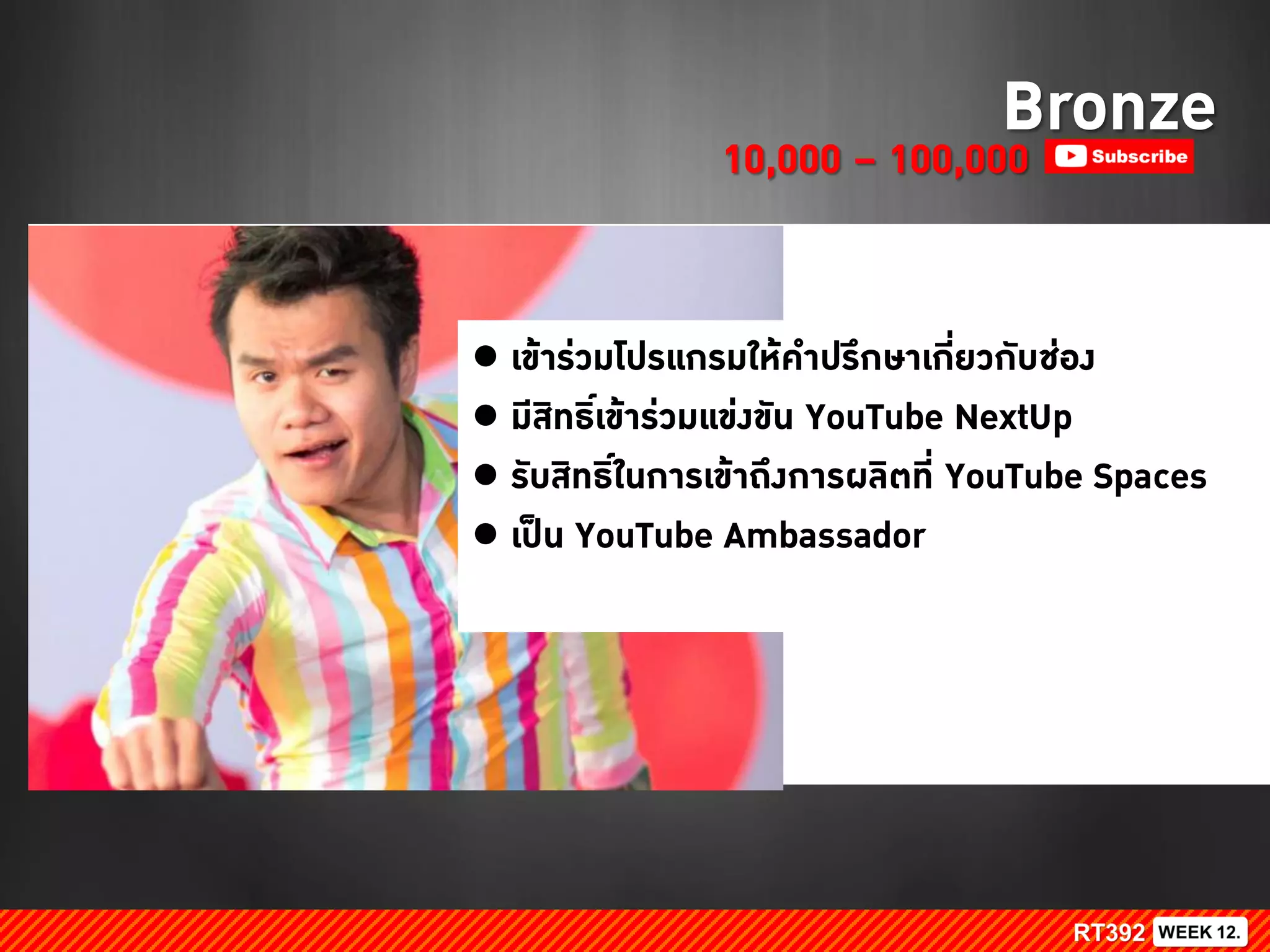 ● เข้าร่วมโปรแกรมให้คาปรึกษาเกี่ยวกับช่อง
● มีสิทธิ์เข้าร่วมแข่งขัน YouTube NextUp
● รับสิทธิ์ในการเข้าถึงการผลิตที่ YouTube Spaces
● เป็น YouTube Ambassador
Bronze10,000 – 100,000
 