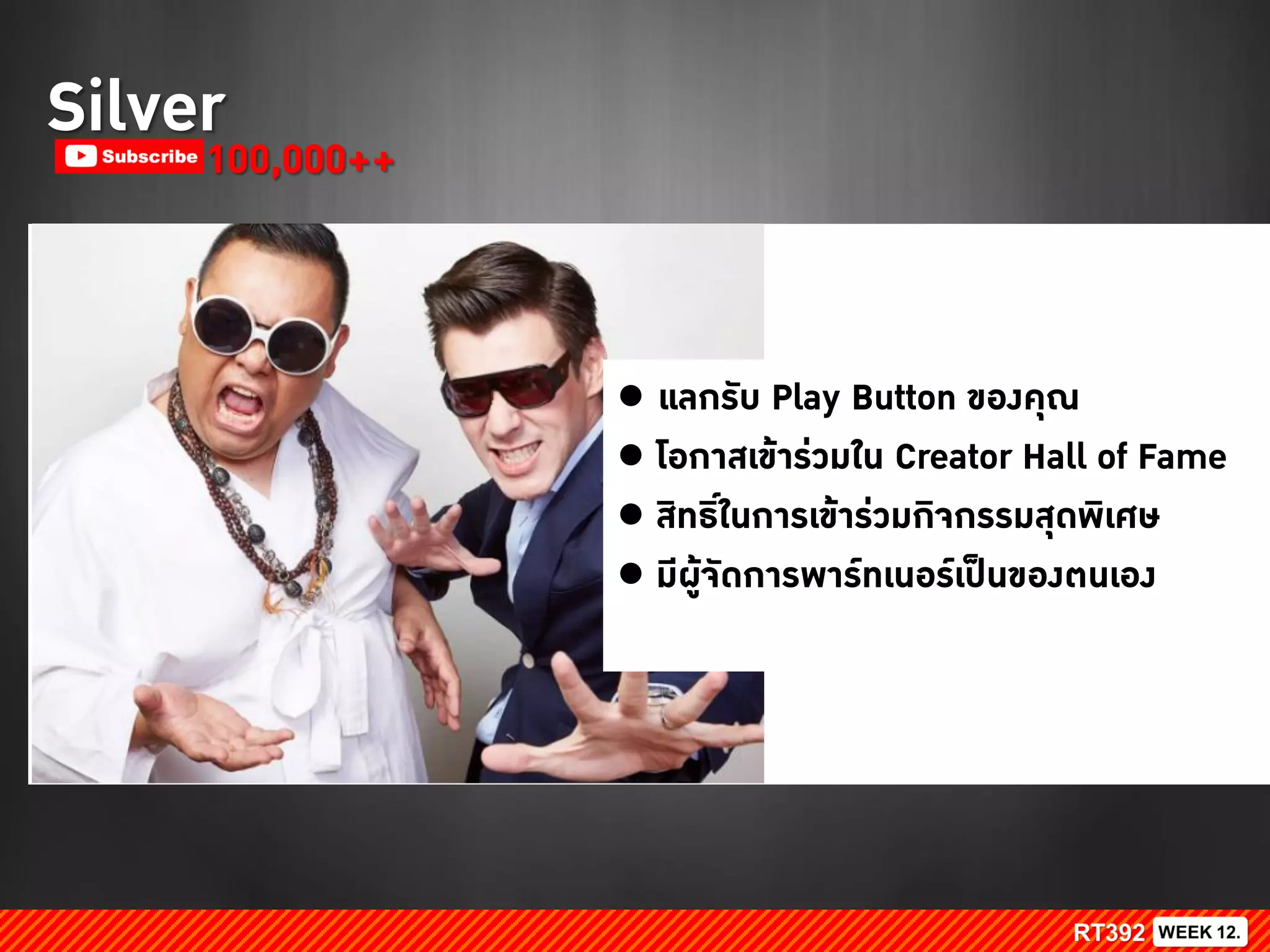 Silver100,000++
● แลกรับ Play Button ของคุณ
● โอกาสเข้าร่วมใน Creator Hall of Fame
● สิทธิ์ในการเข้าร่วมกิจกรรมสุดพิเศษ
● มีผู้จัดการพาร์ทเนอร์เป็นของตนเอง
 