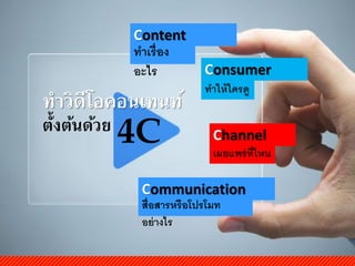 Channel
เผยแพร่ที่ไหน
Content
ทำเรื่อง
อะไร
Communication
สื่อสำรหรือโปรโมท
อย่ำงไร
Consumer
ทำให้ใครดู
 