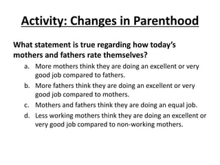 Activity: Changes in Parenthood
What statement is true regarding how today’s
mothers and fathers rate themselves?
a. More mothers think they are doing an excellent or very
good job compared to fathers.
b. More fathers think they are doing an excellent or very
good job compared to mothers.
c. Mothers and fathers think they are doing an equal job.
d. Less working mothers think they are doing an excellent or
very good job compared to non-working mothers.
 
