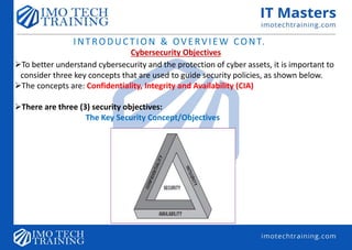 INTRODUCTION & OVERVIEW CONT.
Cybersecurity Objectives
To better understand cybersecurity and the protection of cyber assets, it is important to
consider three key concepts that are used to guide security policies, as shown below.
The concepts are: Confidentiality, Integrity and Availability (CIA)
There are three (3) security objectives:
The Key Security Concept/Objectives
 