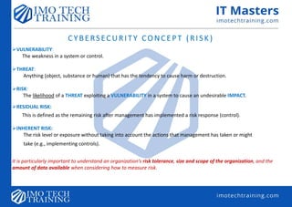 CYBERSECURITY CONCEPT (RISK)
VULNERABILITY:
The weakness in a system or control.
THREAT:
Anything (object, substance or human) that has the tendency to cause harm or destruction.
RISK:
The likelihood of a THREAT exploiting a VULNERABILITY in a system to cause an undesirable IMPACT.
RESIDUAL RISK:
This is defined as the remaining risk after management has implemented a risk response (control).
INHERENT RISK:
The risk level or exposure without taking into account the actions that management has taken or might
take (e.g., implementing controls).
It is particularly important to understand an organization’s risk tolerance, size and scope of the organization, and the
amount of data available when considering how to measure risk.
 