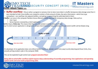 CYBERSECURITY CONCEPT (RISK) C O N T.
Other Attack Types cont.
 Buffer overflow—Occurs when a program or process tries to store more data in a buffer (temporary data storage area) than it
was intended to hold. Since buffers are created to contain a finite amount of data, the extra information—which has to go
somewhere—can overflow into adjacent buffers, corrupting or overwriting the valid data held in them.
A buffer is an area in the computer Random Access Memory (RAM) reserved for temporary data storage. Data such as:
• User Input
• Server banners received by a client application
Buffers have a finite size. This means that they can only contain a certain amount of data.
e.g. if a client-server application is designed to accept only 8-character long username, the username’s buffer will be 8 bytes long.
1 2 3 4 5 6 7 8…… ……
Other Data in RAM Other Data in RAM
Buffer in RAM
If a developer of an application does not enforce buffers’ limits, an attacker could find a way to write data beyond those limits, thus
actually writing random code in the computer RAM.
This can be exploited to get control over program execution flow!
Being able to write buffer overflow exploit requires deep understanding of assembly programming, how applications and operating
system works and some exotic programming skills.
 