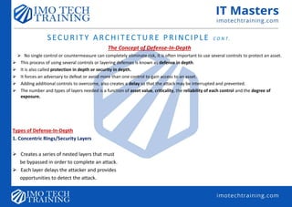 SECURITY ARCHITECTURE PRINCIPLE C O N T .
The Concept of Defense-In-Depth
 No single control or countermeasure can completely eliminate risk, it is often important to use several controls to protect an asset.
 This process of using several controls or layering defenses is known as defense in depth.
 It is also called protection in depth or security in depth.
 It forces an adversary to defeat or avoid more than one control to gain access to an asset.
 Adding additional controls to overcome, also creates a delay so that the attack may be interrupted and prevented.
 The number and types of layers needed is a function of asset value, criticality, the reliability of each control and the degree of
exposure.
Types of Defense-In-Depth
1. Concentric Rings/Security Layers
 Creates a series of nested layers that must
be bypassed in order to complete an attack.
 Each layer delays the attacker and provides
opportunities to detect the attack.
 