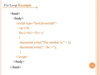 For Loop Example

   <html>
     <body>
       <script type="text/javascript">
         var i=0;
         for (i=0;i<=5;i++)
         {
          document.write("The number is " + i);
          document.write(“. <br />");
          }
       </script>
     </body>
                                                  16
   </html>
 