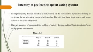 Intensity of preferences (point voting system)
� In simple majority decision models it is not possible for the individual to express his intensity of
preference for one alternative compared with another. The individual has a single vote, which is cast
in favor of one of the alternatives.
� There are a number of ways round this problem of majority decision-making This is done in the 'point
voting system' shown below.
Figure 4.4
 