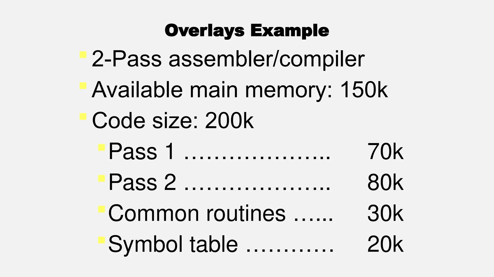 Overlays Example
 2-Pass assembler/compiler
 Available main memory: 150k
 Code size: 200k
Pass 1 ……………….. 70k
Pass 2 ……………….. 80k
Common routines …... 30k
Symbol table ………… 20k
 