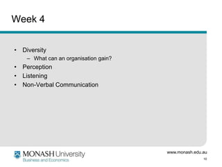 Week 4
• Diversity
– What can an organisation gain?

• Perception
• Listening
• Non-Verbal Communication

www.monash.edu.au
10

 