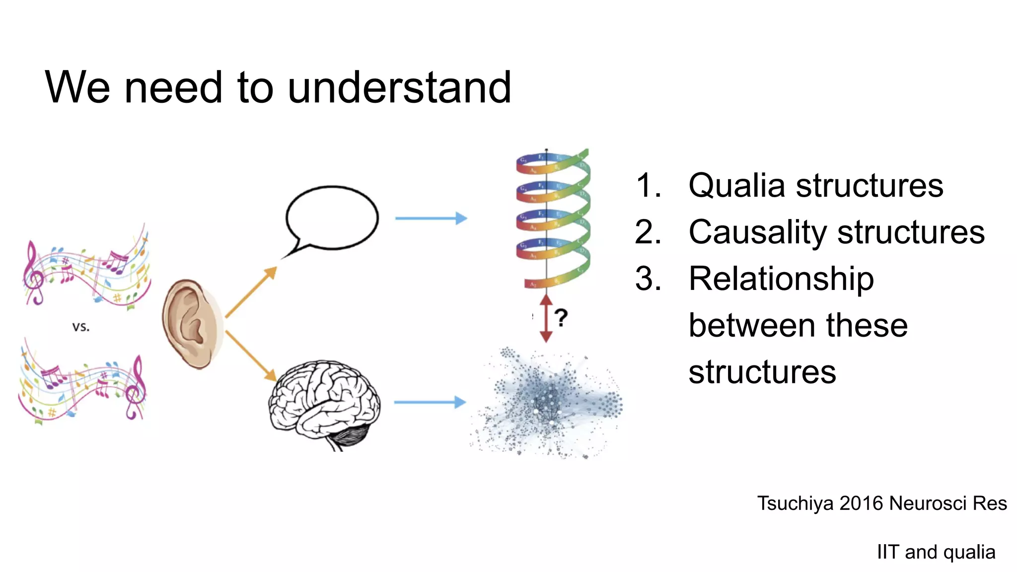 We need to understand
1. Qualia structures
2. Causality structures
3. Relationship
between these
structures
Tsuchiya 2016 Neurosci Res
IIT and qualia
 
