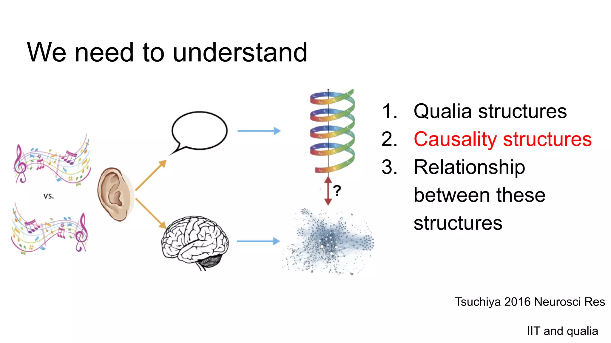 We need to understand
1. Qualia structures
2. Causality structures
3. Relationship
between these
structures
Tsuchiya 2016 Neurosci Res
IIT and qualia
 
