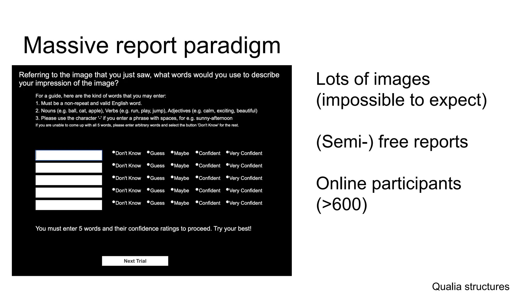 Massive report paradigm
Lots of images
(impossible to expect)
(Semi-) free reports
Online participants
(>600)
Qualia structures
 