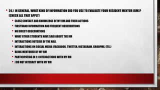 • 24.) IN GENERAL, WHAT KIND OF INFORMATION DID YOU USE TO EVALUATE YOUR RESIDENT MENTOR (RM)?
(CHECK ALL THAT APPLY)
• CLOSE CONTACT AND KNOWLEDGE OF MY RM AND THEIR ACTIONS
• FIRSTHAND INFORMATION AND FREQUENT OBSERVATIONS
• NO DIRECT OBSERVATIONS
• WHAT OTHER STUDENTS HAVE SAID ABOUT THE RM
• INTERACTIONS OUTSIDE OF THE HALL
• INTERACTIONS ON SOCIAL MEDIA (FACEBOOK, TWITTER, INSTAGRAM, GROUPME, ETC.)
• BEING MENTORED BY MY RM
• PARTICIPATING IN 1:1 INTERACTIONS WITH MY RM
• I DO NOT INTERACT WITH MY RM
 