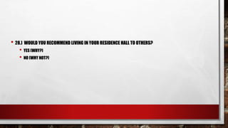 • 28.) WOULD YOU RECOMMEND LIVING IN YOUR RESIDENCE HALL TO OTHERS?
• YES (WHY?)
• NO (WHY NOT?)
 