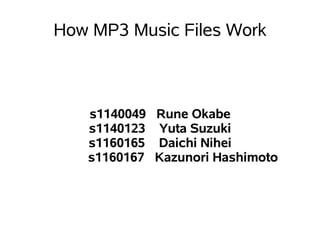 How MP3 Music Files Work



   s1140049 Rune Okabe
   s1140123 Yuta Suzuki
   s1160165 Daichi Nihei
   s1160167 Kazunori Hashimoto
 